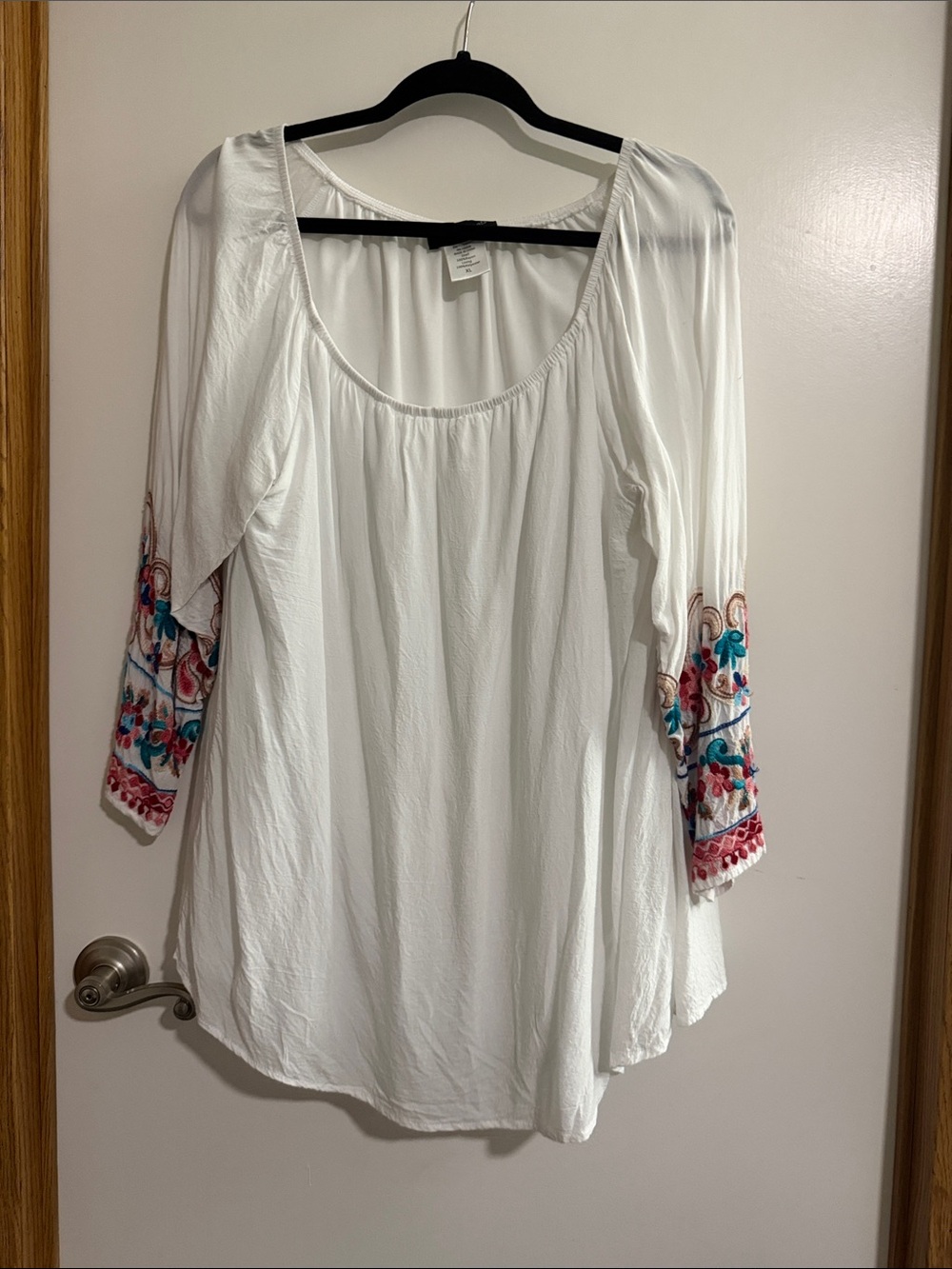 White Embroidered Boho Peasant Tunic with Colorful Sleeve Detail